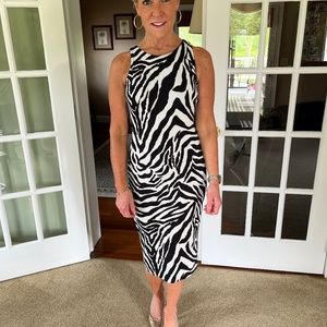 White House Black Market Lined Black/Ecru/Beige Midi Dress with Lace Up Back